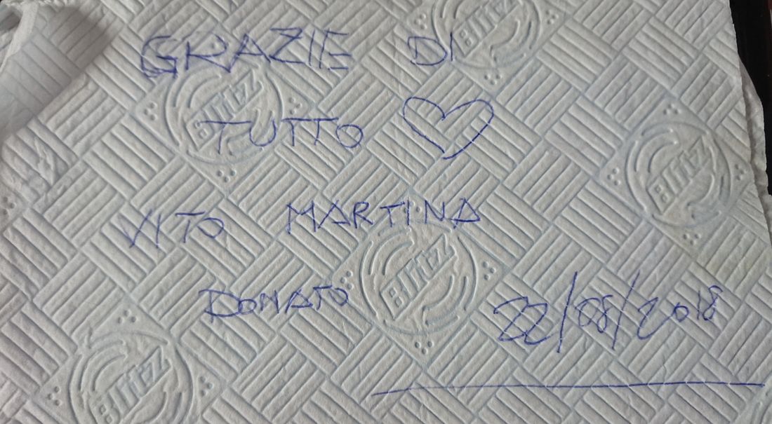 Ringraziamento scritto su un tovagliolo