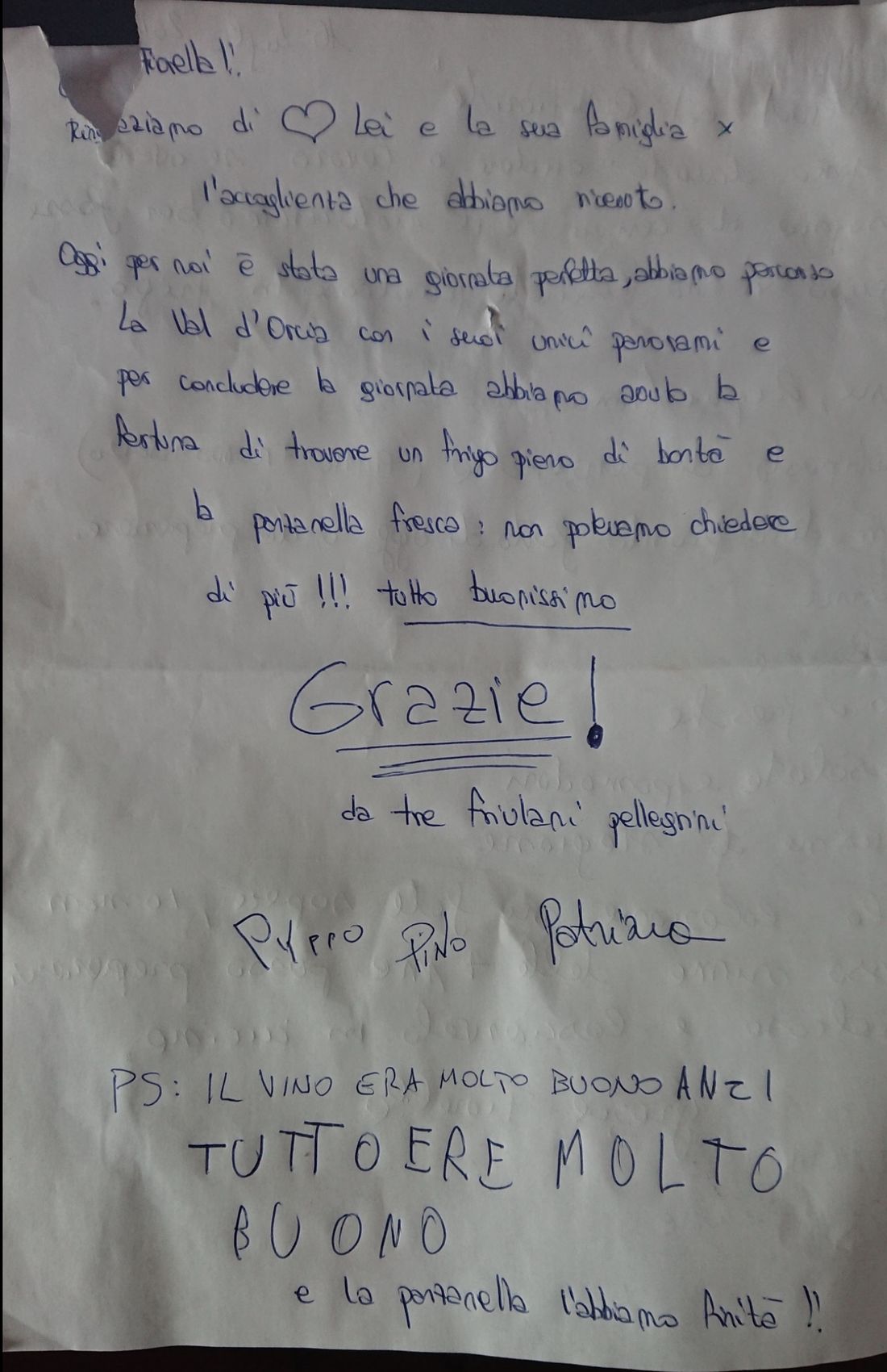 Lettera di ringraziamento di tre pellegrini friulani